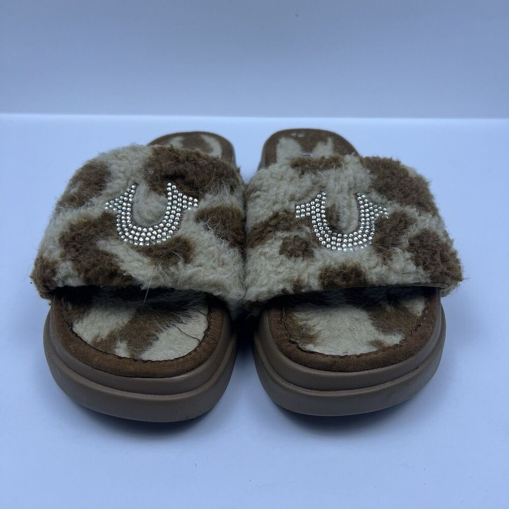 True Religion Women's Lamia Fuzzy Platform Slides Slippers Brown Cow Print Sz 8 - Picture 2 of 10